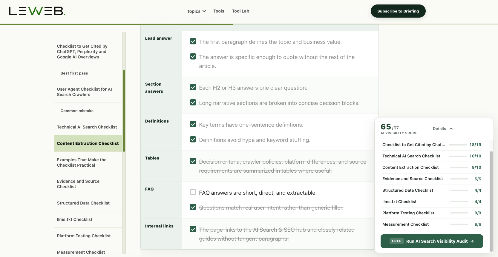 LeWeb AI Search Optimization Checklist with interactive checkboxes, section points badges, and AI Visibility Score bar