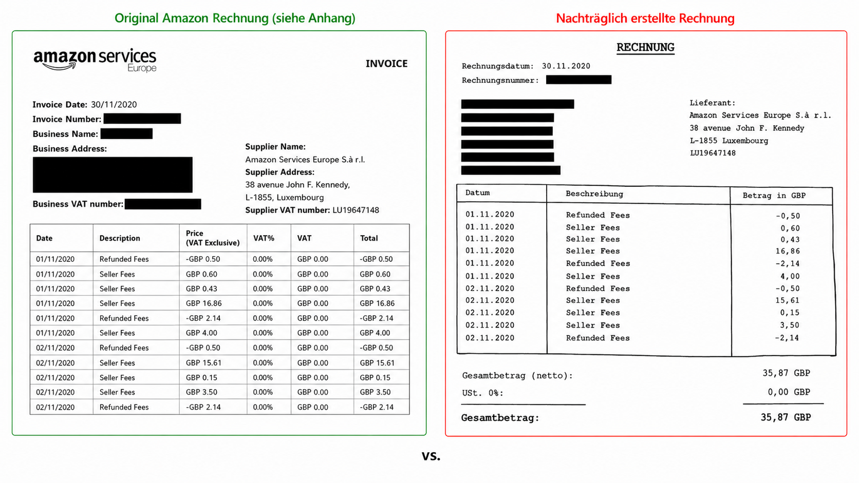 Vergleich zwischen originaler Amazon Rechnung und nachträglich erstellter Rechnung für Seller Buchhaltung