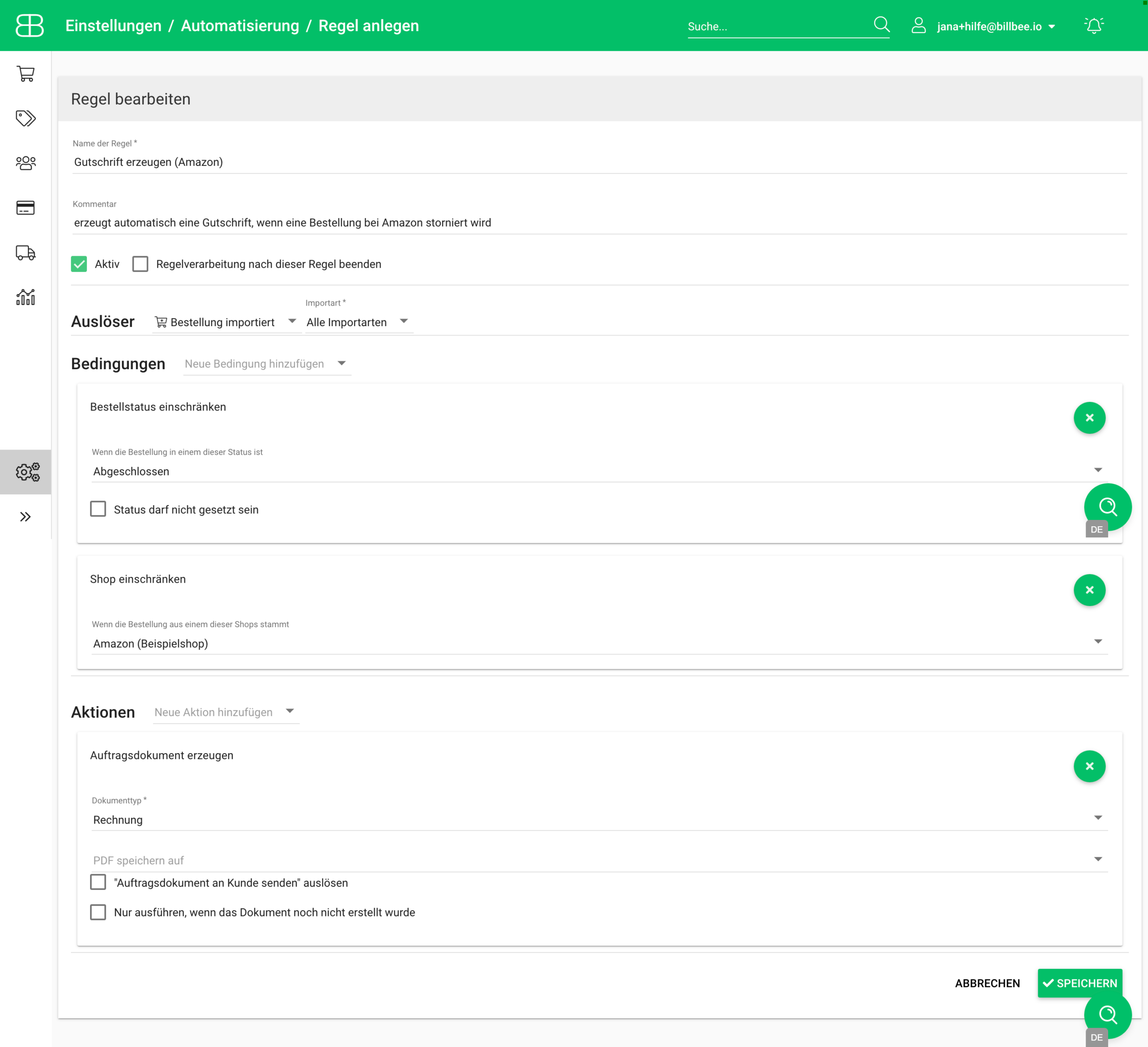 Billbee Automatisierungsregel für Amazon Bestellung und Rechnungsworkflow
