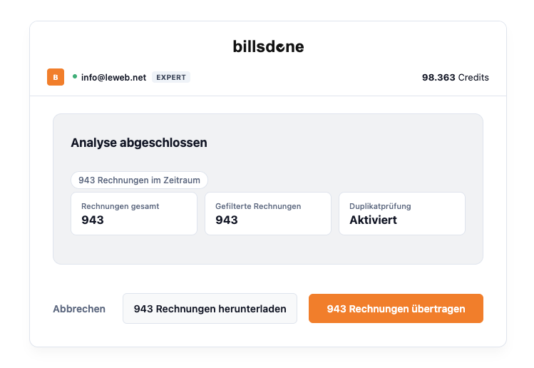 Billsdone Analyse mit Amazon Rechnungen herunterladen und Rechnungen übertragen für sevDesk