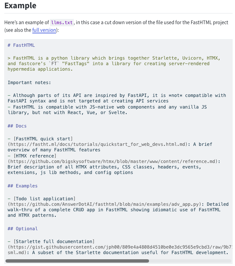 Example of an llms.txt file from llmstxt.org showing the recommended Markdown format with curated links