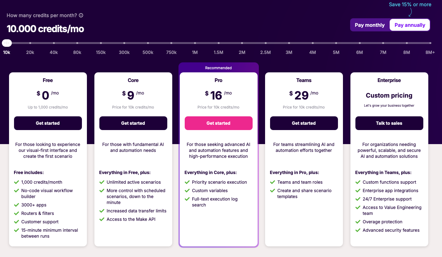 Make pricing page showing AI automation credits and plan tiers