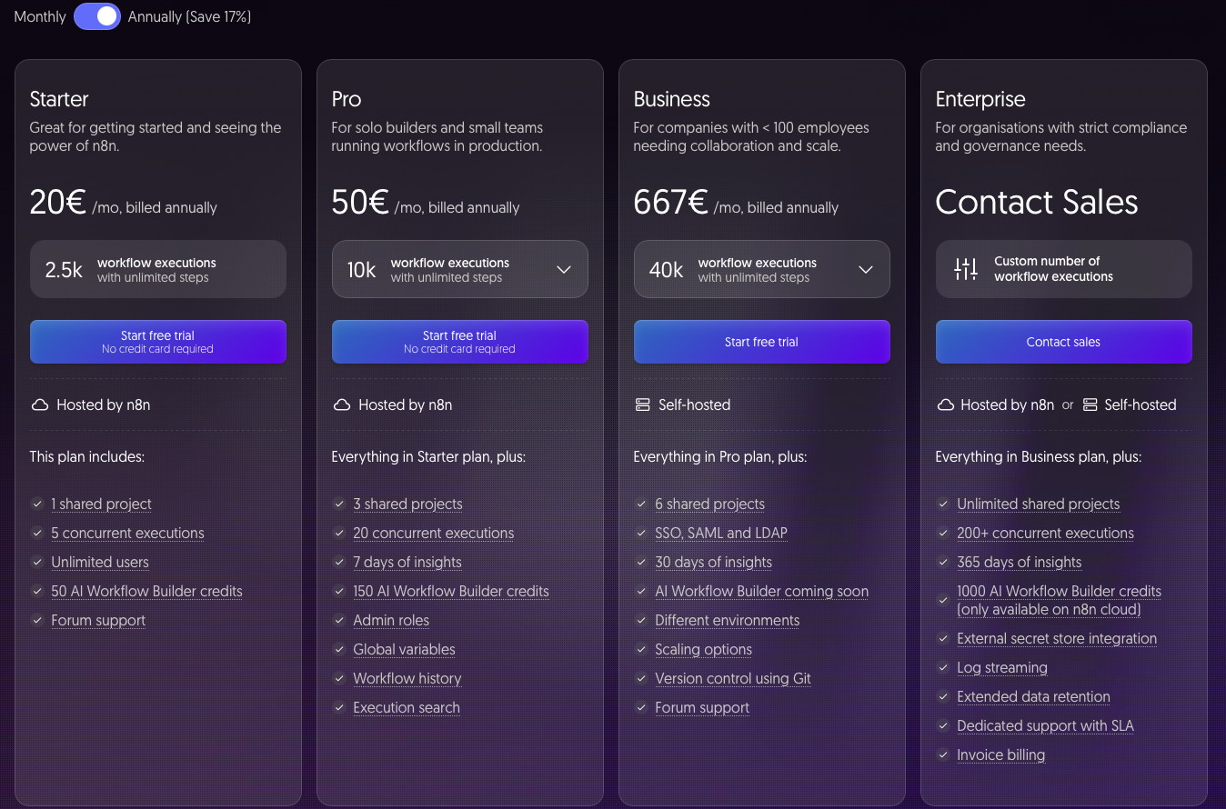 n8n pricing page showing workflow execution based pricing and unlimited steps