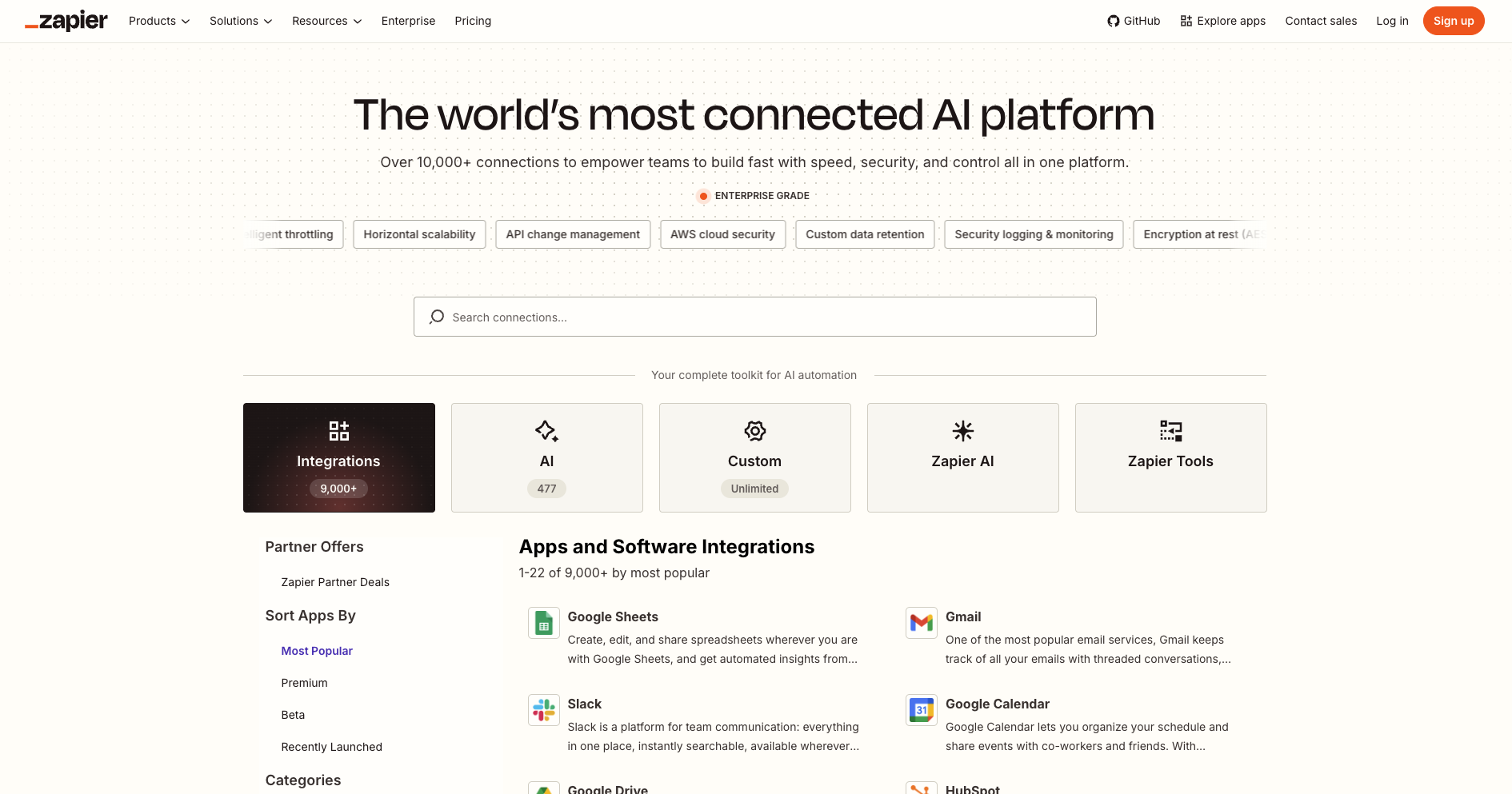 Zapier app ecosystem page showing AI platform integrations and app connections